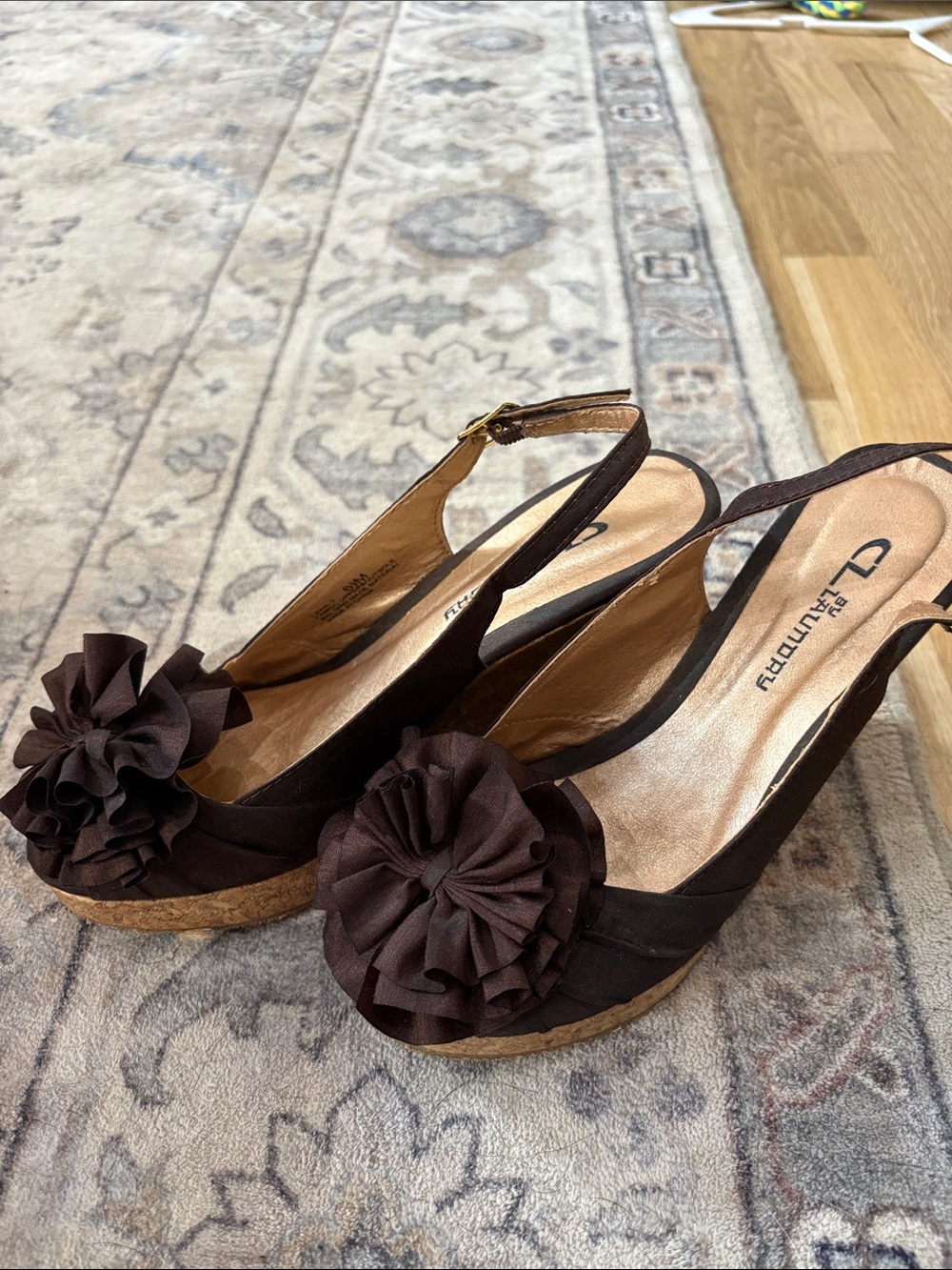 CL by Laundry Dark Brown Floral Rosette Slingback Wedge Sandals